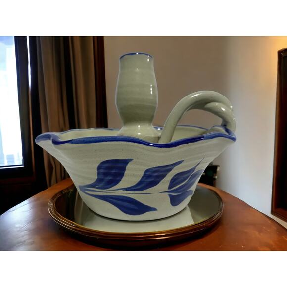 Williamsburg Pottery Finger Candle Holder Blue and Beige 5" Tall - Picture 2 of 12